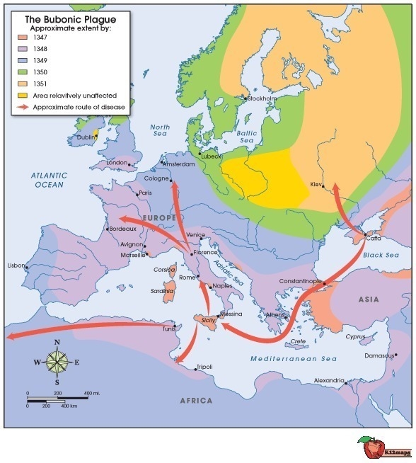 What does this map show about the spread of the bubonic plague? it had no discernible-example-1