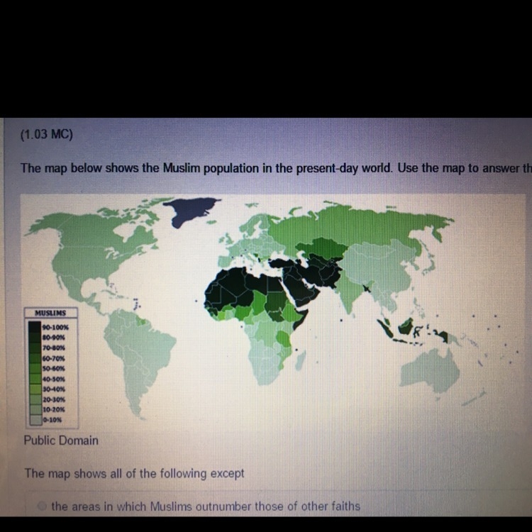 The map below shows the muslim population in the present-day world. Use the map to-example-1