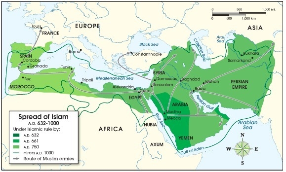 The following map shows the spread of Islam from 632 A.D. (CE) through 1000 A.D. (CE-example-1