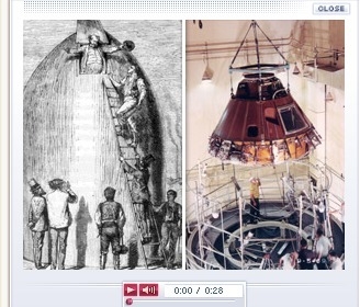 The Apollo 11 command module (right) and a drawing of the fictional space ship described-example-1