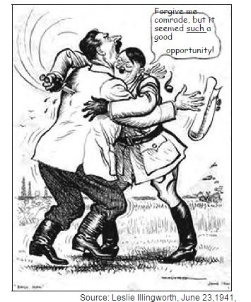 "Hitler’s actions as expressed by this cartoon led Stalin to (1)adopt a policy-example-1