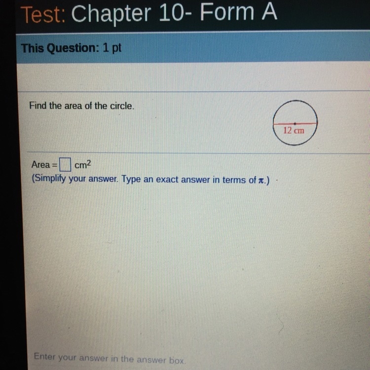 I need to find the area of the circle in terms of pie.-example-1