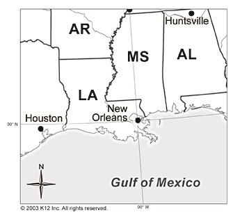 PLS HELP! Use the map to describe both the absolute and relative location of New Orleans-example-1