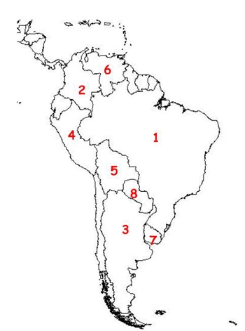 On the following map, country #8 is _____. A) Brazil B) Colombia C) Venezuela D) Paraguay-example-1