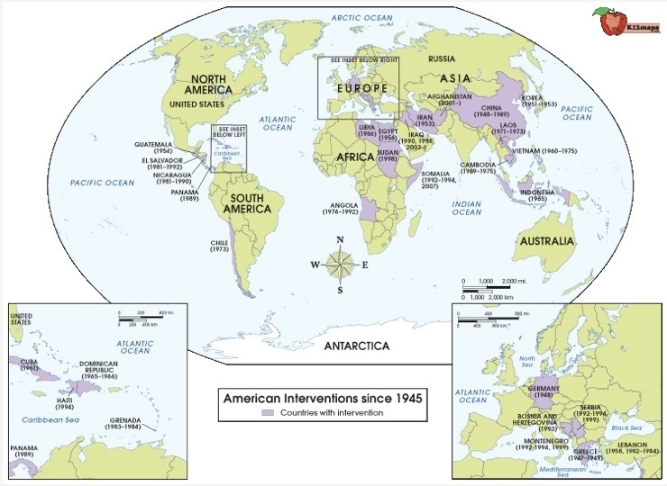 Which region depicts American intervention in foreign affairs because of the Good-example-1