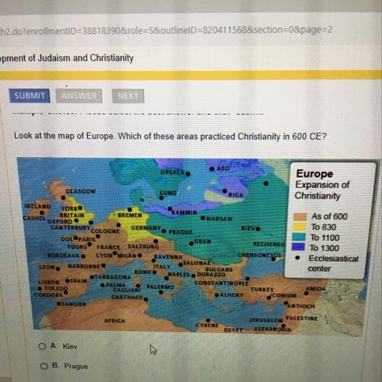 Look at the map of Europe. Which of these areas practiced Christianity in 600 CE?-example-1