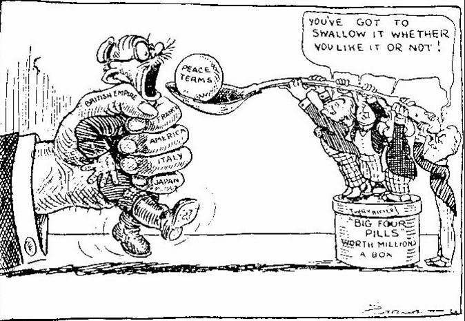 This political cartoon describes the peace process after World War I. Answer the following-example-1