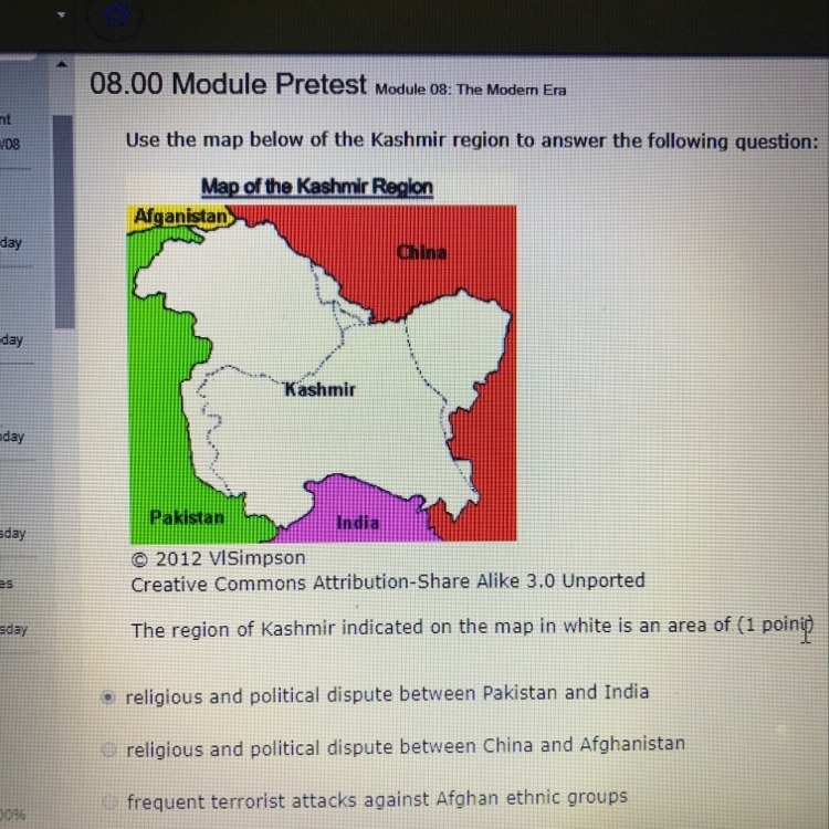 The region of Kashmir indicated on the map in white is an area of-example-1