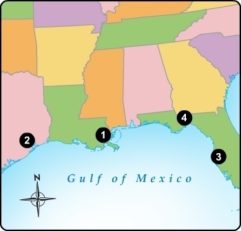 HELP PLEASE! Which number accurately identifies the city of New Orleans? (a) 1 (b-example-1