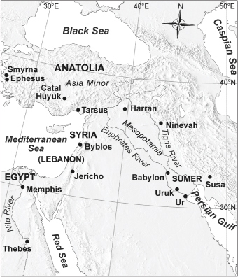 Which two cities lie west of 30°E longitude? A. Catal Huyük and Tarsus B. Smyrna and-example-1