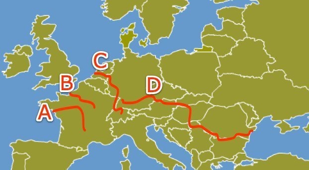 Which letter represents the Danube River? A) A B) B C) C D) D-example-1