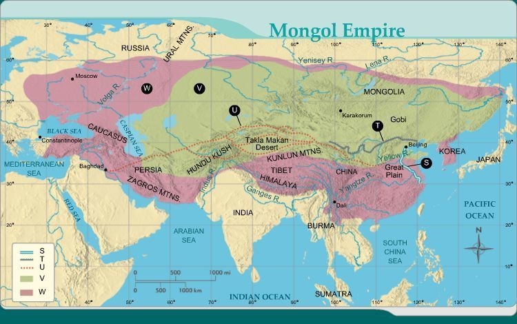 On the map, which feature is identified with the letter V? A.Silk Road B.Genghis Khan-example-1