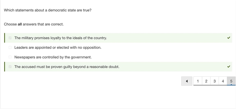 Which statements about a democratic state are true? MULTIPLE CHOICE Leaders are appointed-example-1