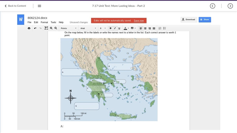 On the map below, fill in the labels or write the names next to a letter in the list-example-1