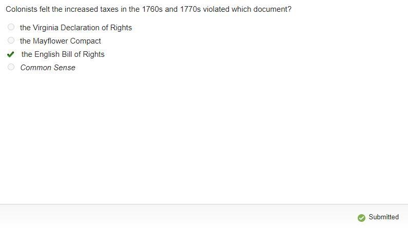 Colonists felt the increased taxes in the 1760s and 1770s violated which document-example-1