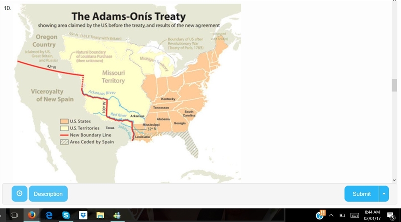 Look at the map above. Based on your knowledge of the Adams-Onis Treaty and the map-example-1