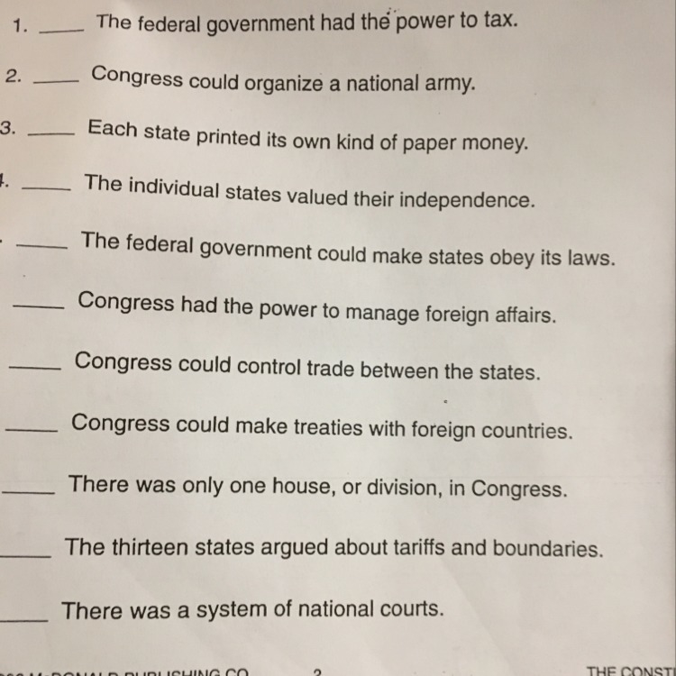 Decide if the statements below were true or false under the articles of confederation-example-1