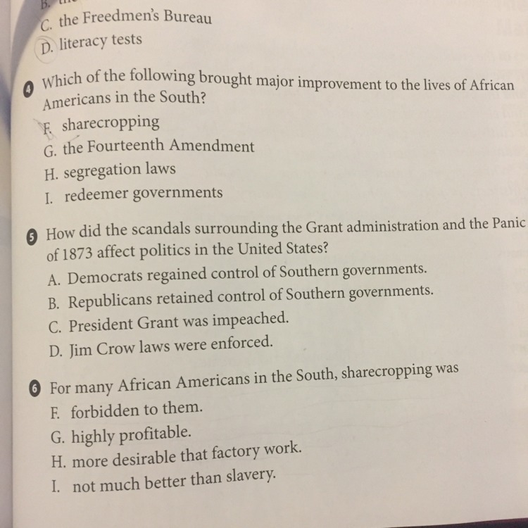 4.) Which of the following brought major improvement to the lives of African Americans-example-1