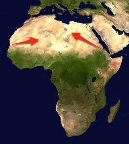 The arrows on this map are pointing to the A) Great Plains. B) Sahara Desert. C) Kalahari-example-1