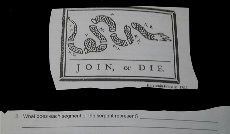 From join or die from benjamin franklin what dose each segment of the serpent represent-example-1