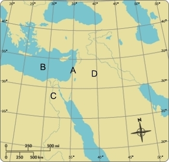 Location A is ______________. A. Egypt B. Canaan C. Mediterranean Sea D. Syrian Desert-example-1