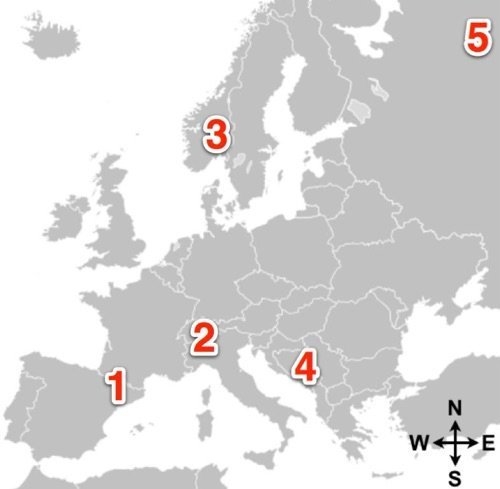 Which number on the map is closest to the Pyrenees Mountains? A) 1 B) 2 C) 3 D) 4-example-1