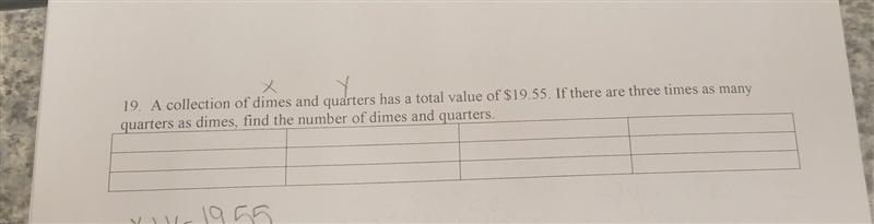 collection of dimes and quarters has a total of $19.55. If there are three times as-example-1