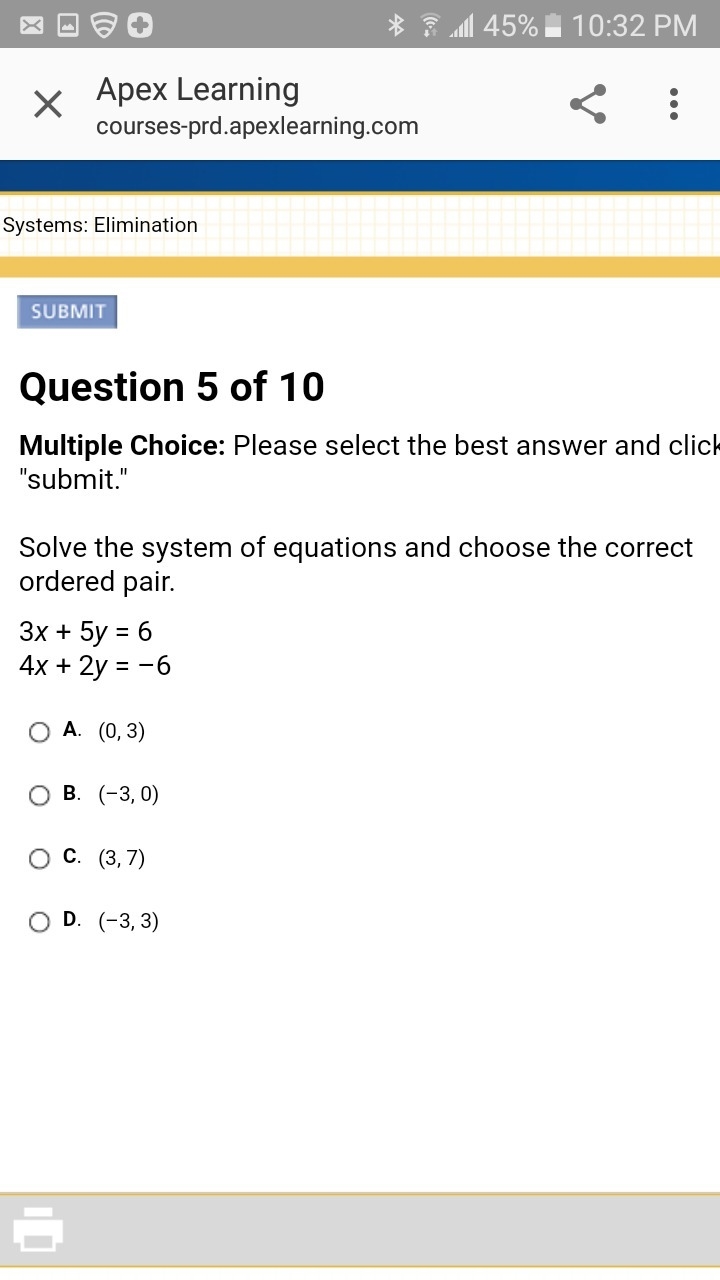 Solve the system of equations and choose the correct ordered pair. 3x + 5y = 6 4x-example-1