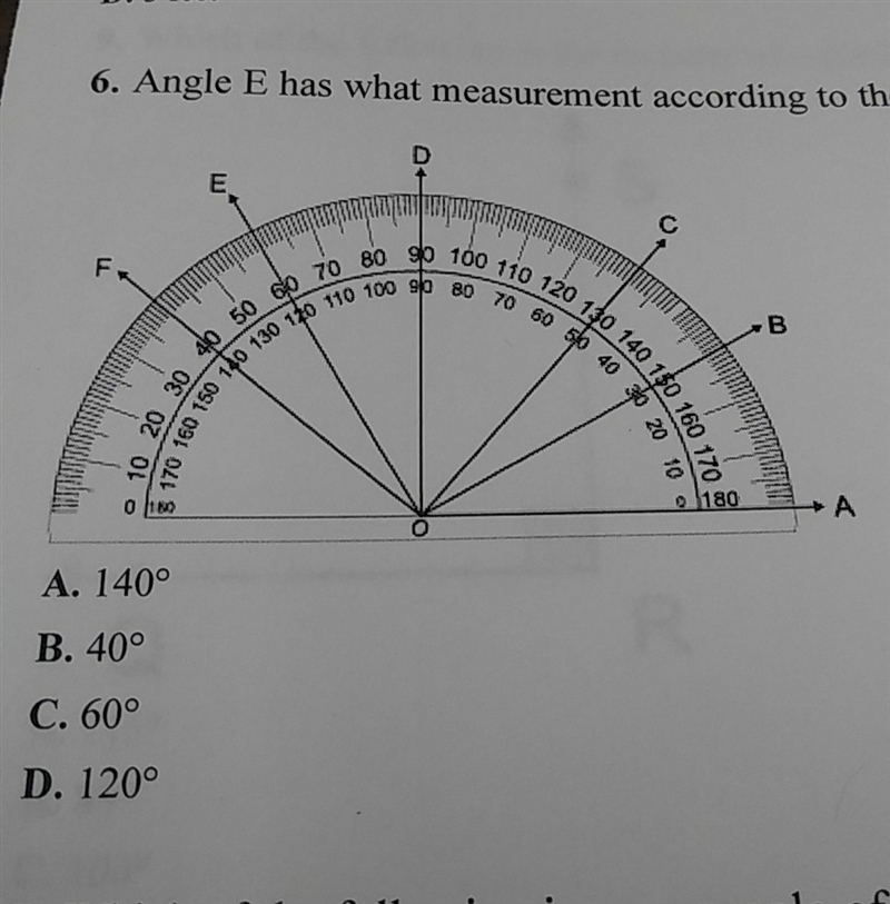 Angle E had what measurement according to the protractor-example-1