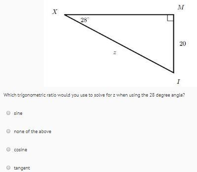 Which trigonometric ratio would you use to solve for z when using the 28 degree angle-example-1