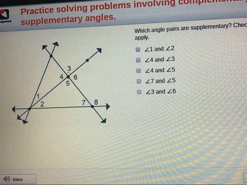 Which angle pairs are supplementary? Check all that apply-example-1