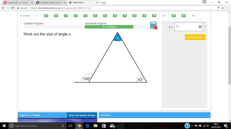 What is the angle of x at the top and what is the area.-example-1