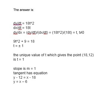 Find the equations of the tangents to the curve x = 9t2 + 9, y = 6t3 + 6 that pass-example-1