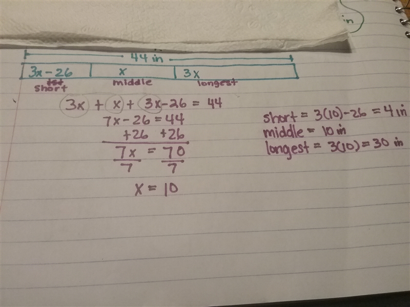 A piece of pipe is 44 inches long. It is cut into three pieces. The longest piece-example-1