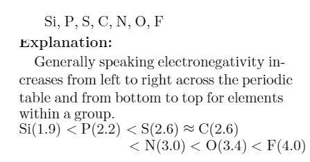 What is the correct order of increasing electronegativity? 1. f, o, n, c, s, p, si-example-1