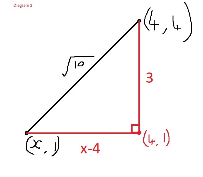 Find x, if the distance end points is (x,1) and (4,4) with the total distance is the-example-2