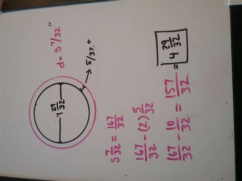 The outside diameter of a pipe is 5 and 7/32 inches. The walls of the pipe are 5/32 inches-example-1