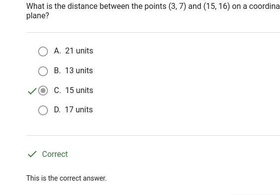 What is the distance between the points (3,7) and (15,16) on a coordinate plane ?-example-1