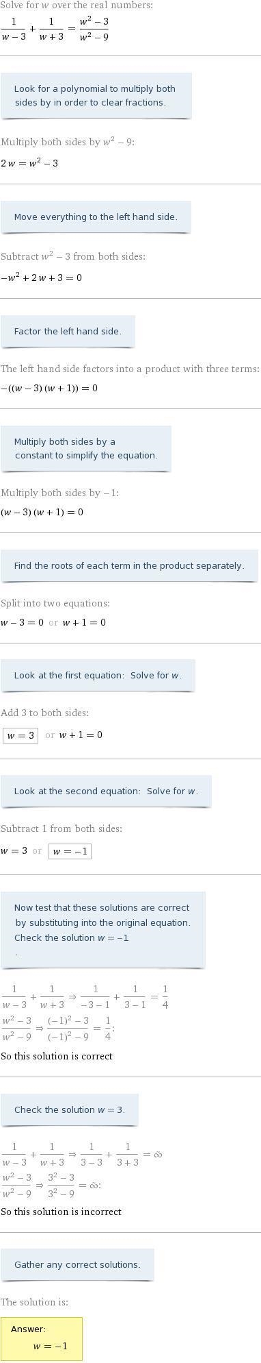 1/(w+3) + 1/(w-3) = (w^2-3)/(w^2-9)-example-1