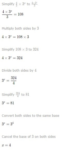 Solve the equation 4/3(3) ^x =108-example-1