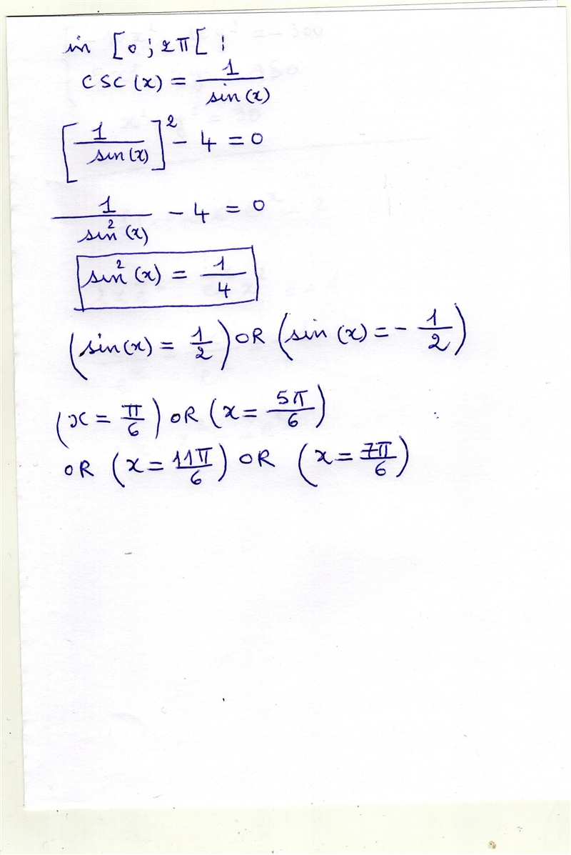 Solve finding all solutions in [0,2pie) or [0 degrees, 360 dgrees). csc^(2)x-4=0-example-1