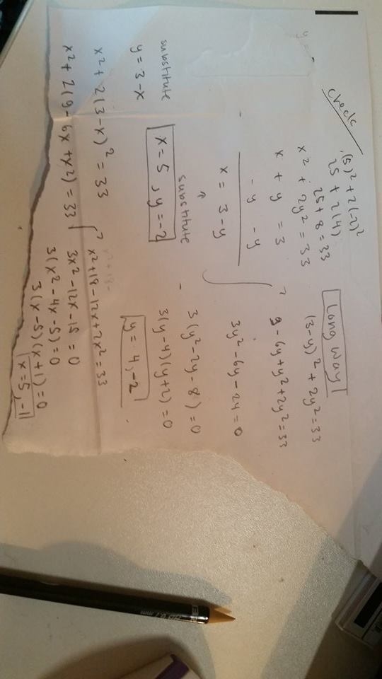 What is the answer to x^2+2y^2=33 x+y=3-example-1