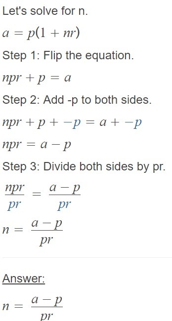 Solve for n: a= p(1+nr)-example-1