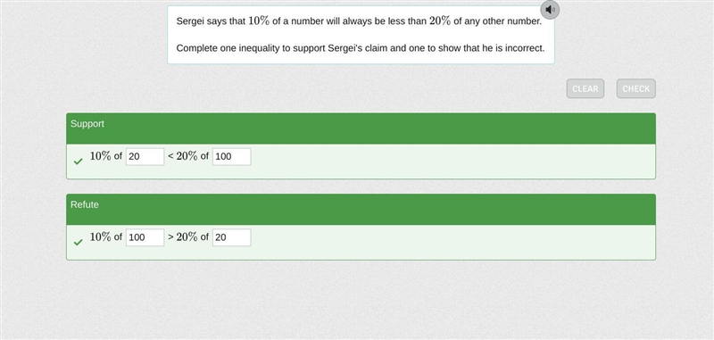 Sergei says that 10%10% of a number will always be less than 20%20% of any other number-example-1