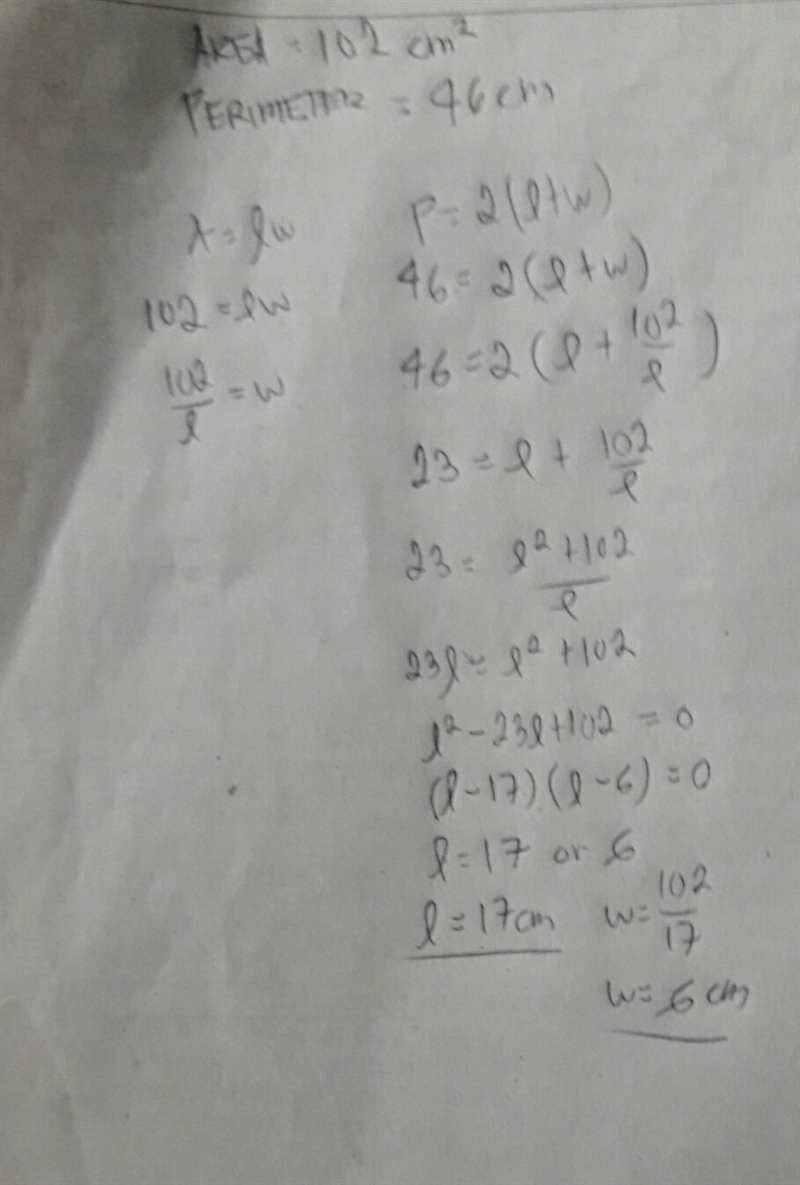 The area of a rectangle is 102 square inches and the perimeter of the rectangle is-example-1