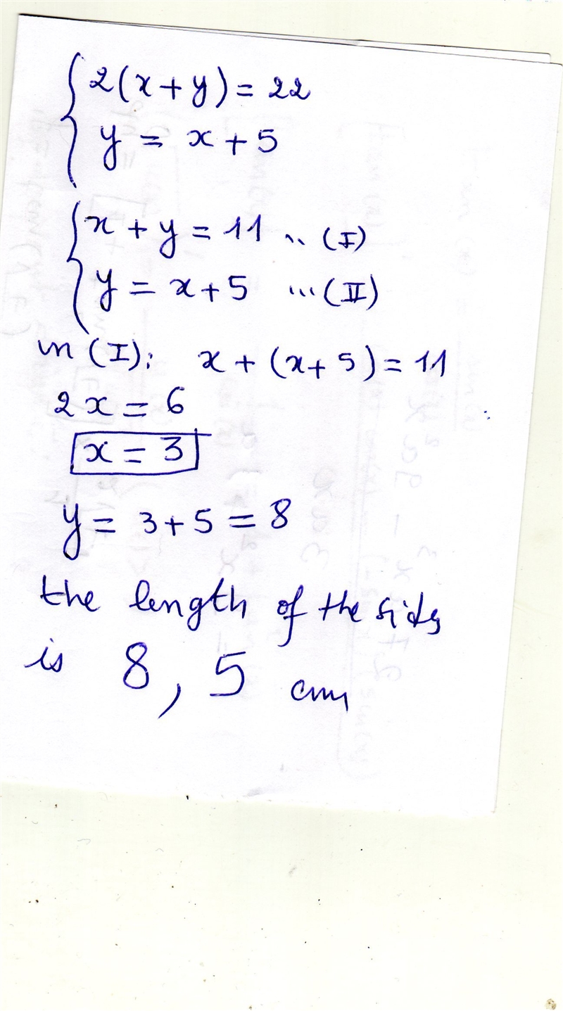 The perimeter of a rectangle is 22mm one side is 5 cm longer than the other side find-example-1