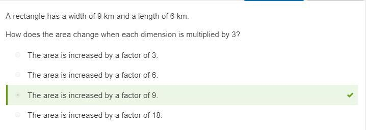 A rectangle has a width of 9 km and a length of 6 km. How does the area change when-example-1