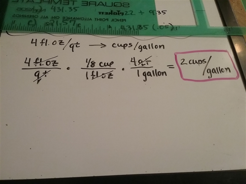 Convert 4 fluid ounces of soap per quart of water to cups of soap per gallon of water-example-1