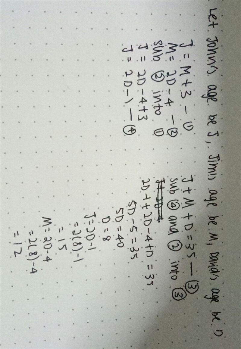 John is 3 years older than jim. jim is 4 years less than twice david's age. how old-example-1