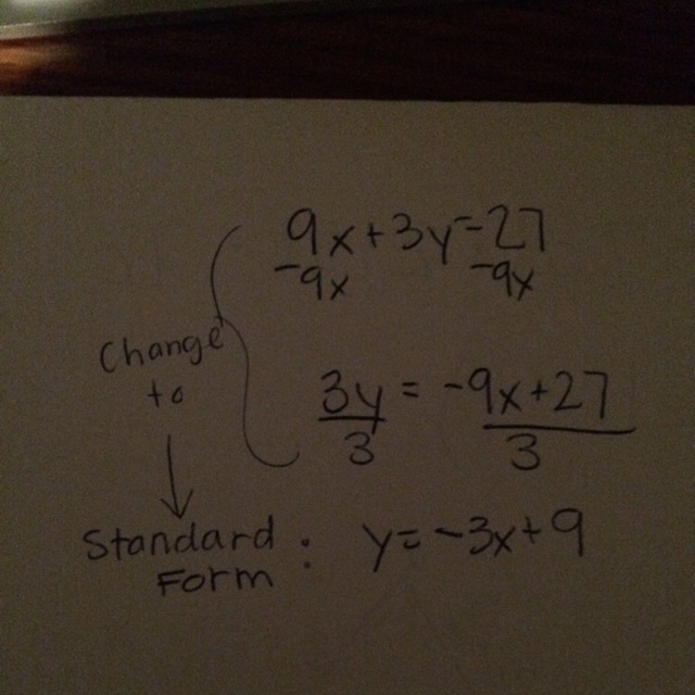 Find the x and y intercepts of the line 9x + 3y = 27-example-1